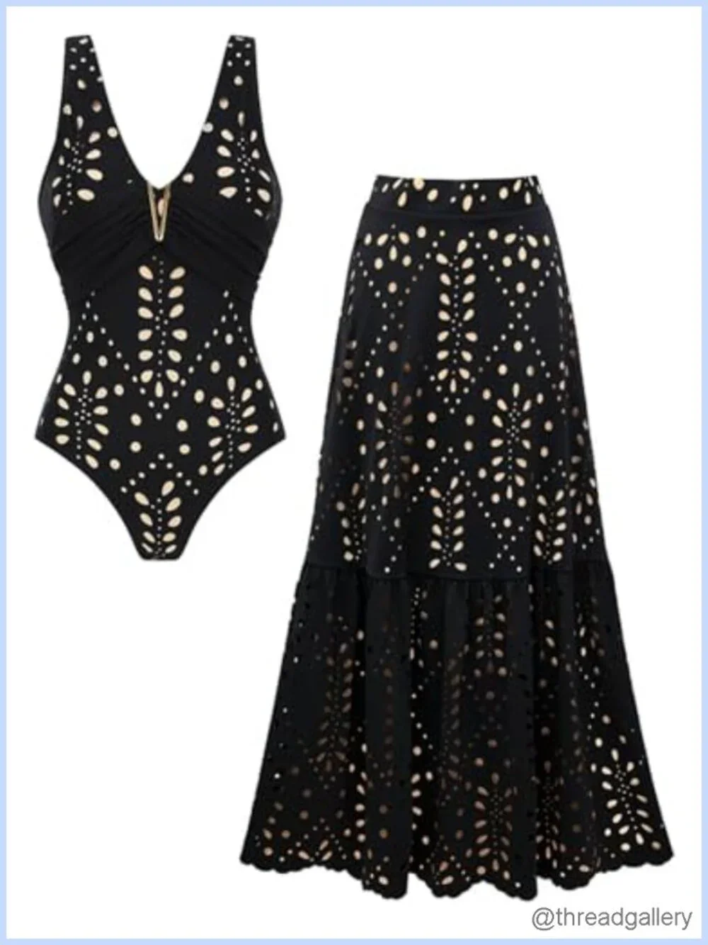 One Piece V Neck Laser Cut Flower Swimsuit with Swim Skirt Removable Pads